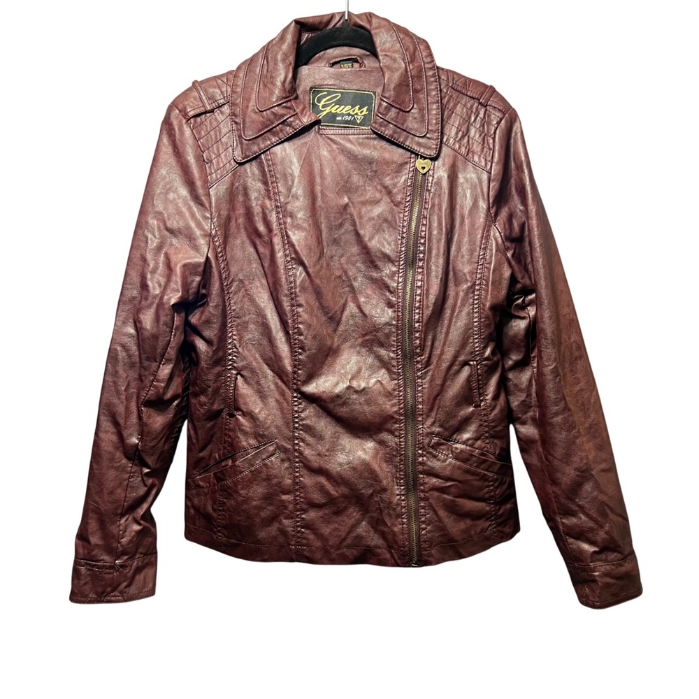 Guess Faux‎ Leather Moto Biker Jacket Quilted Burgundy XL